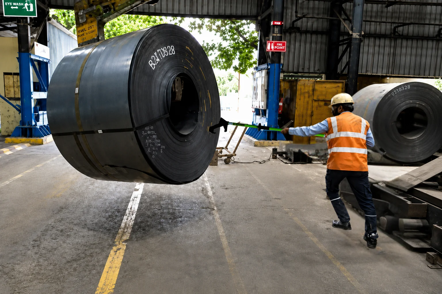 Operator using a fluorescent green PSC LoadGuider to guide a suspended steel coil
